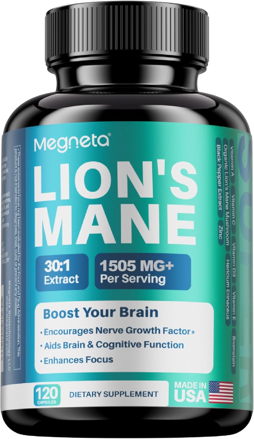 Lion's Mane Extract with Black Pepper, Mushroom Supplement for Brain Supplement, 120 Caps