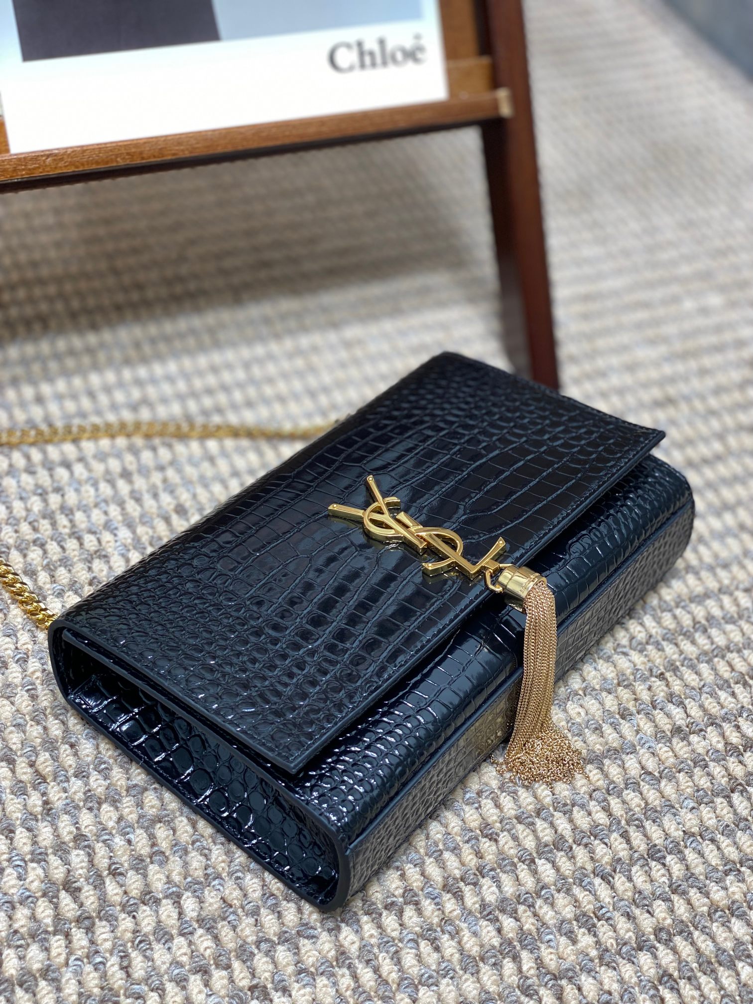 SAINT LAURENT - YSL KATE Silver/Gold Label Logo Crocodile Pattern Leather Shoulder Crossbody Bag Black