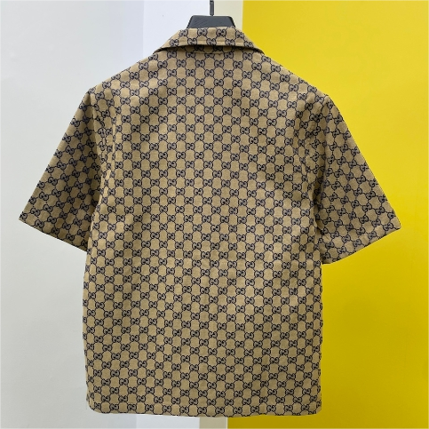 GUCCI-New Color Scheme Jacquard Coffee Fabric Short Sleeved Shirt