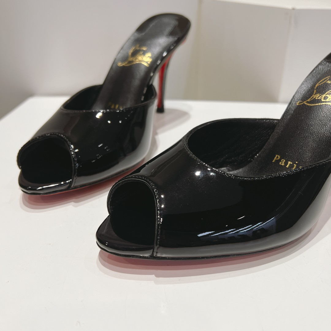 Christian Louboutin-Classic patent leather fish mouth black high-heeled slippers