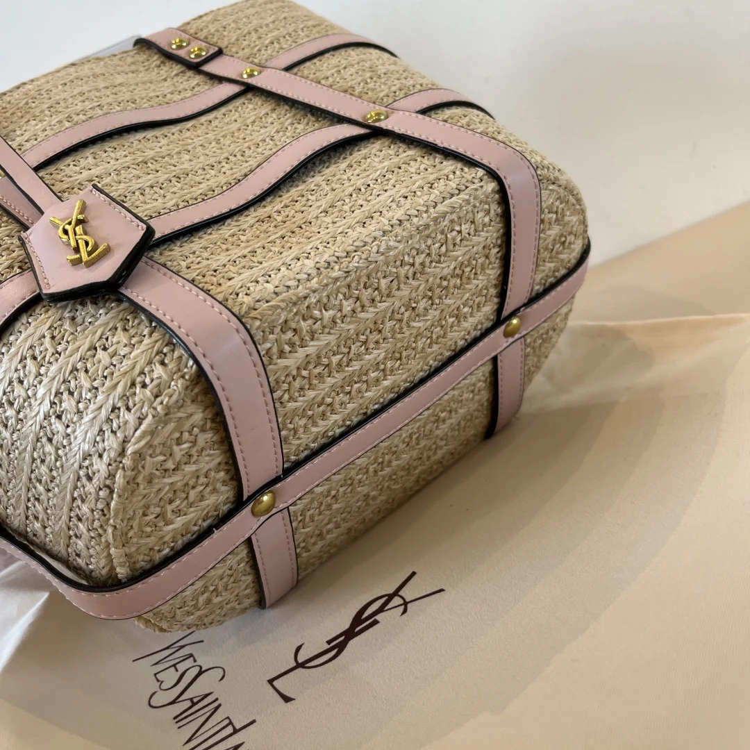 YSL-Panier medium bag in natural raffia and smooth leather