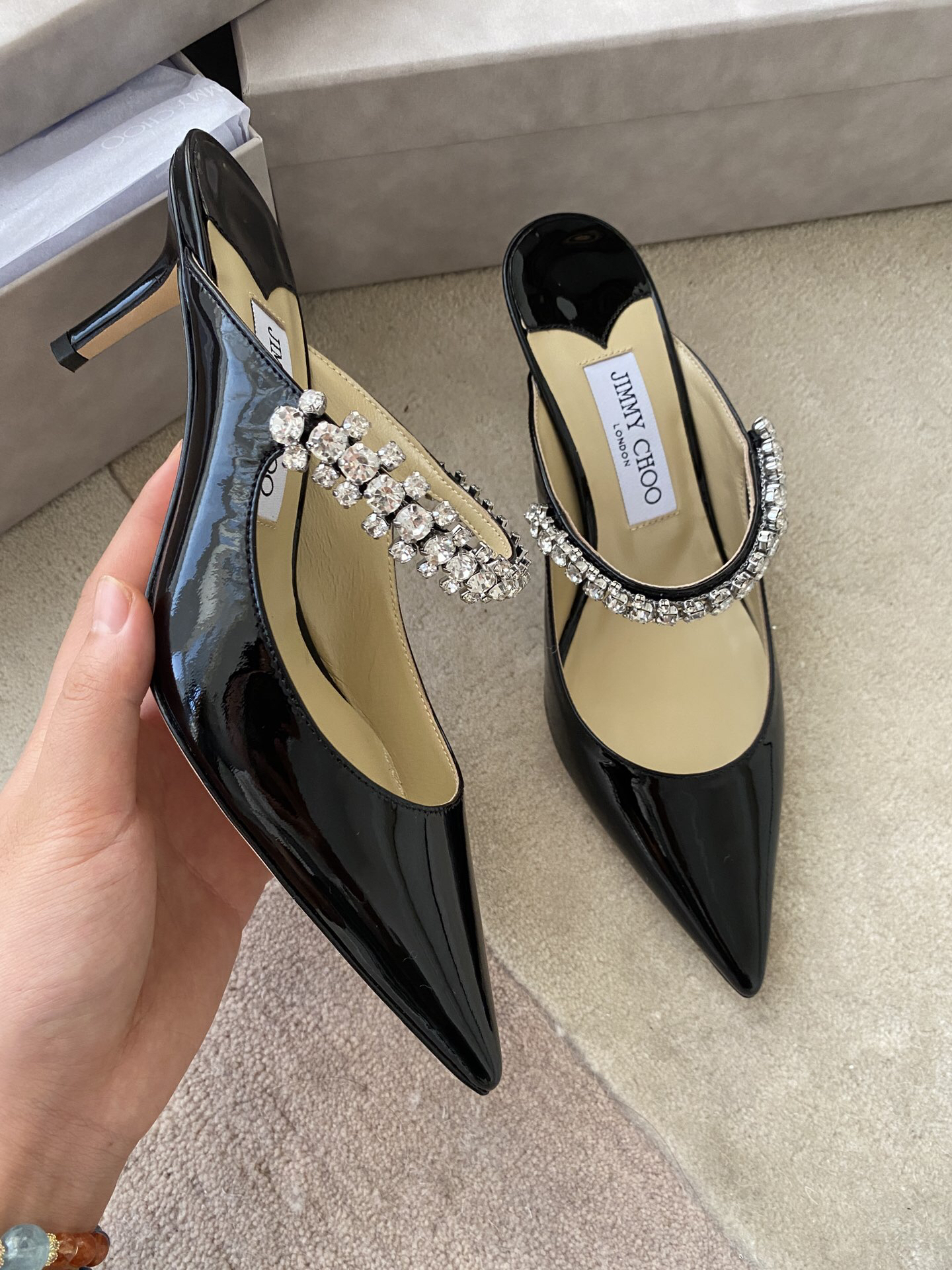 Jimmy Choo - Bing Pointed Toe Slip-On Slippers (6.5cm) for Women (Black)