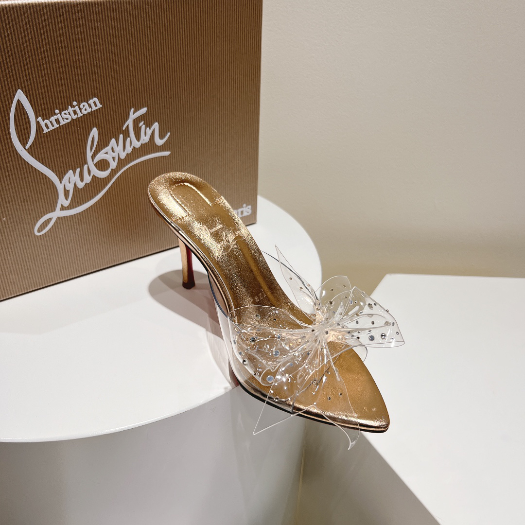 Christian Louboutin-Champagne gold transparent bow high-heeled sandals