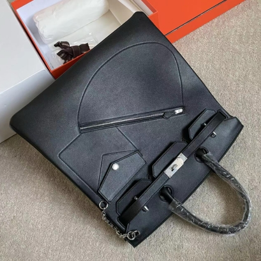 Hermes-Evergain Leather Black Silver Button Rock Bag