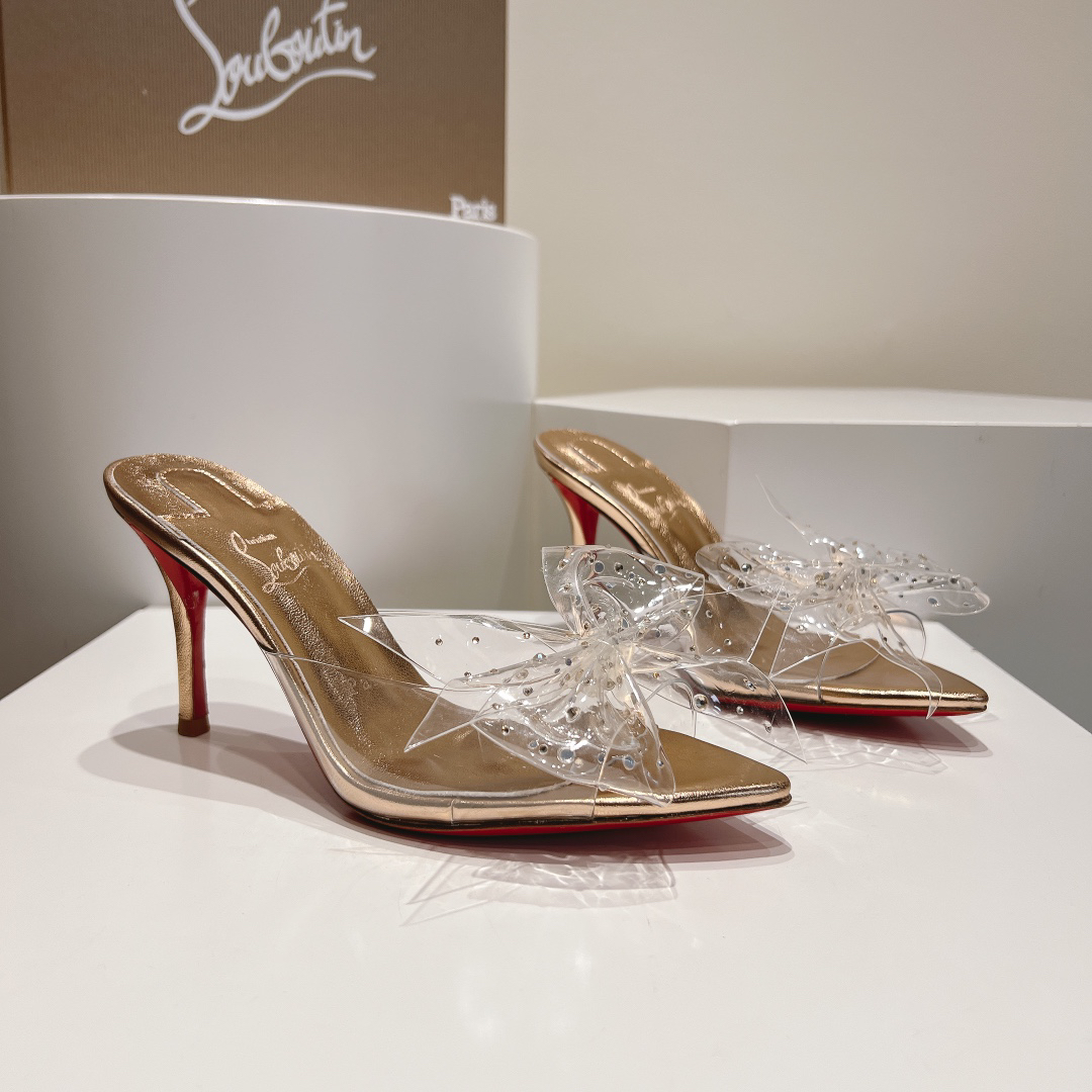 Christian Louboutin-Champagne gold transparent bow high-heeled sandals