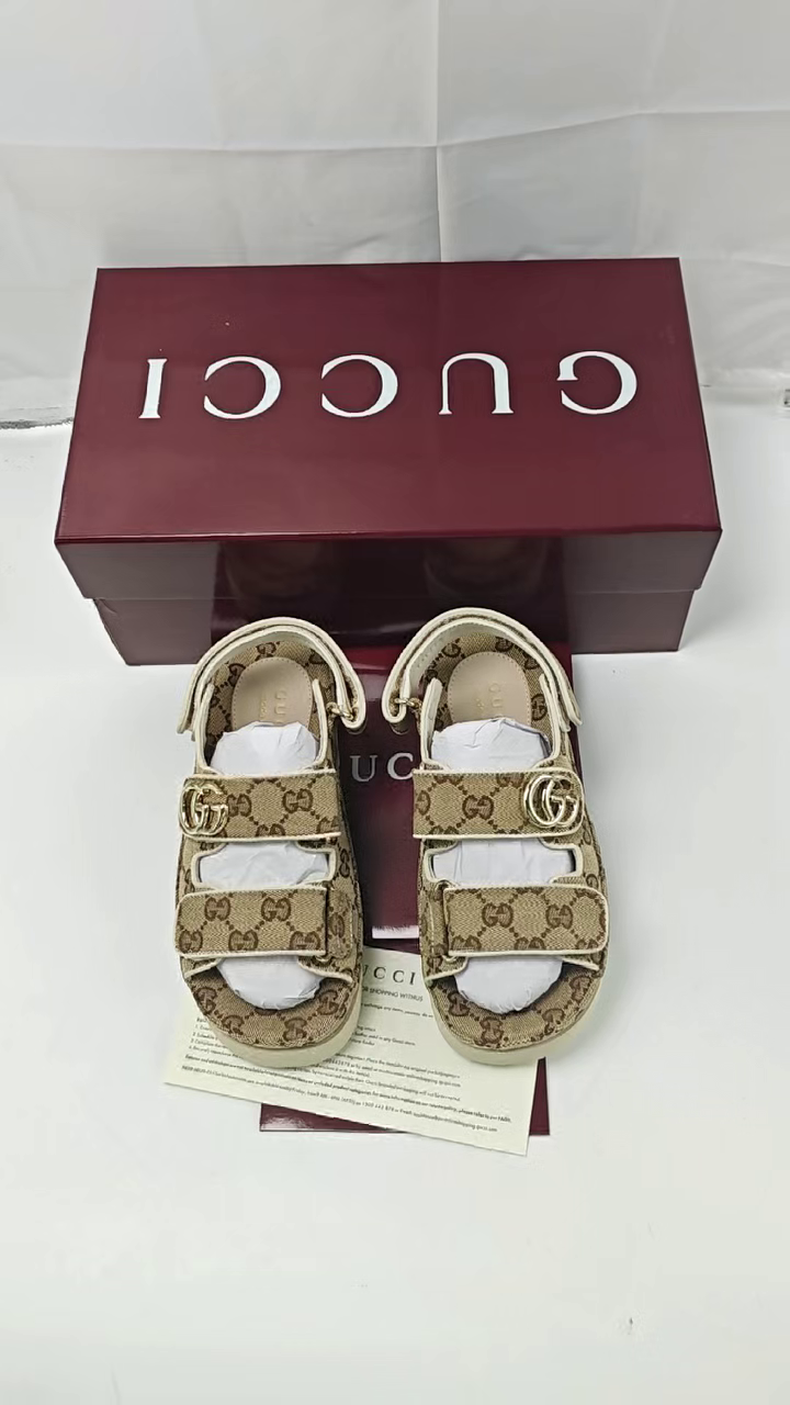 GUCCI - Canvas Round Toe Velcro Sandals Dark Brown