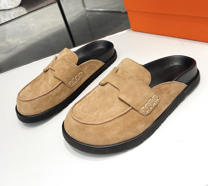 Hermes-Go Mule Black Suede Calfskin Slides