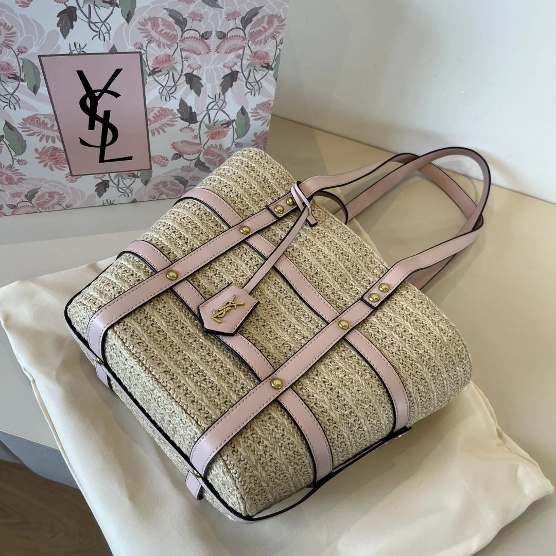 YSL-Panier medium bag in natural raffia and smooth leather