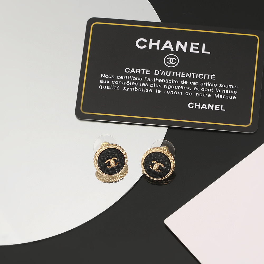 Chanel-Round black lava enamel earrings