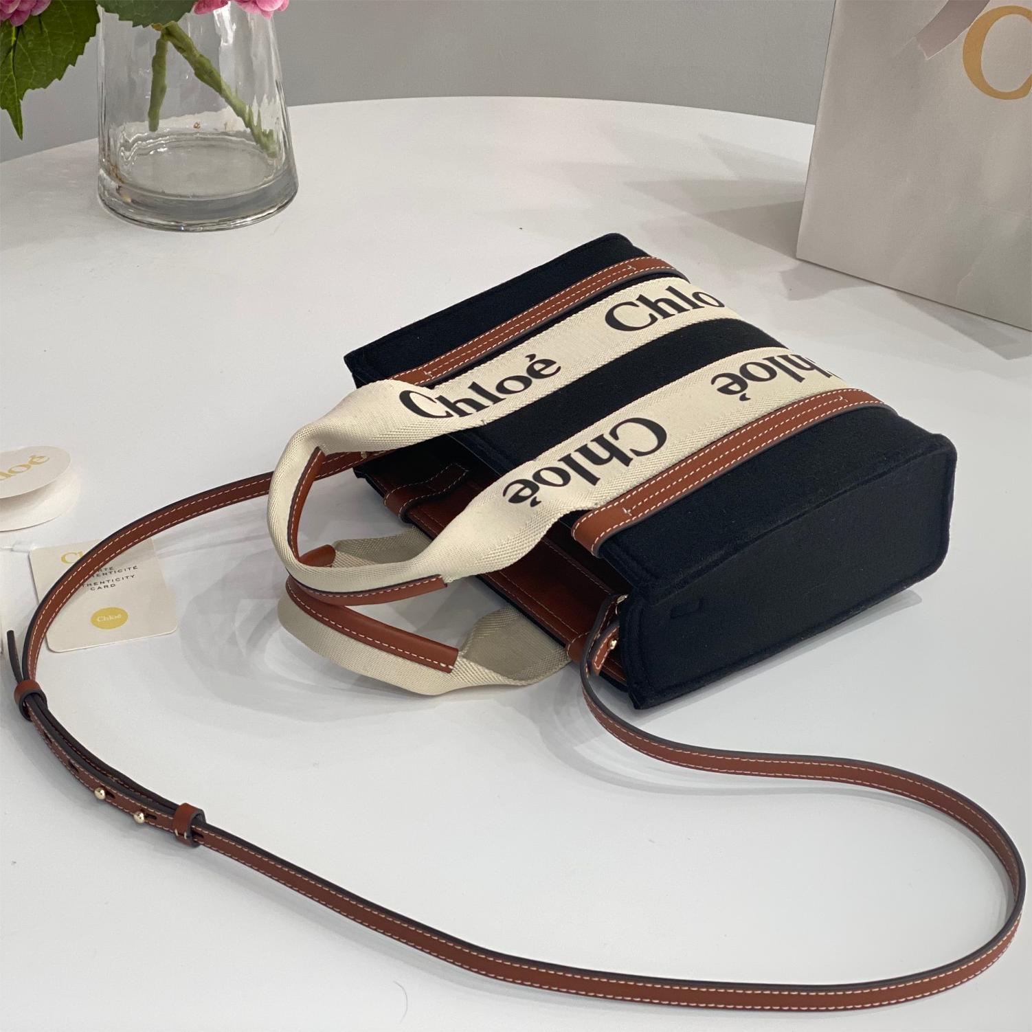 Chloe Woody-Wool Felt Black Tote Bag