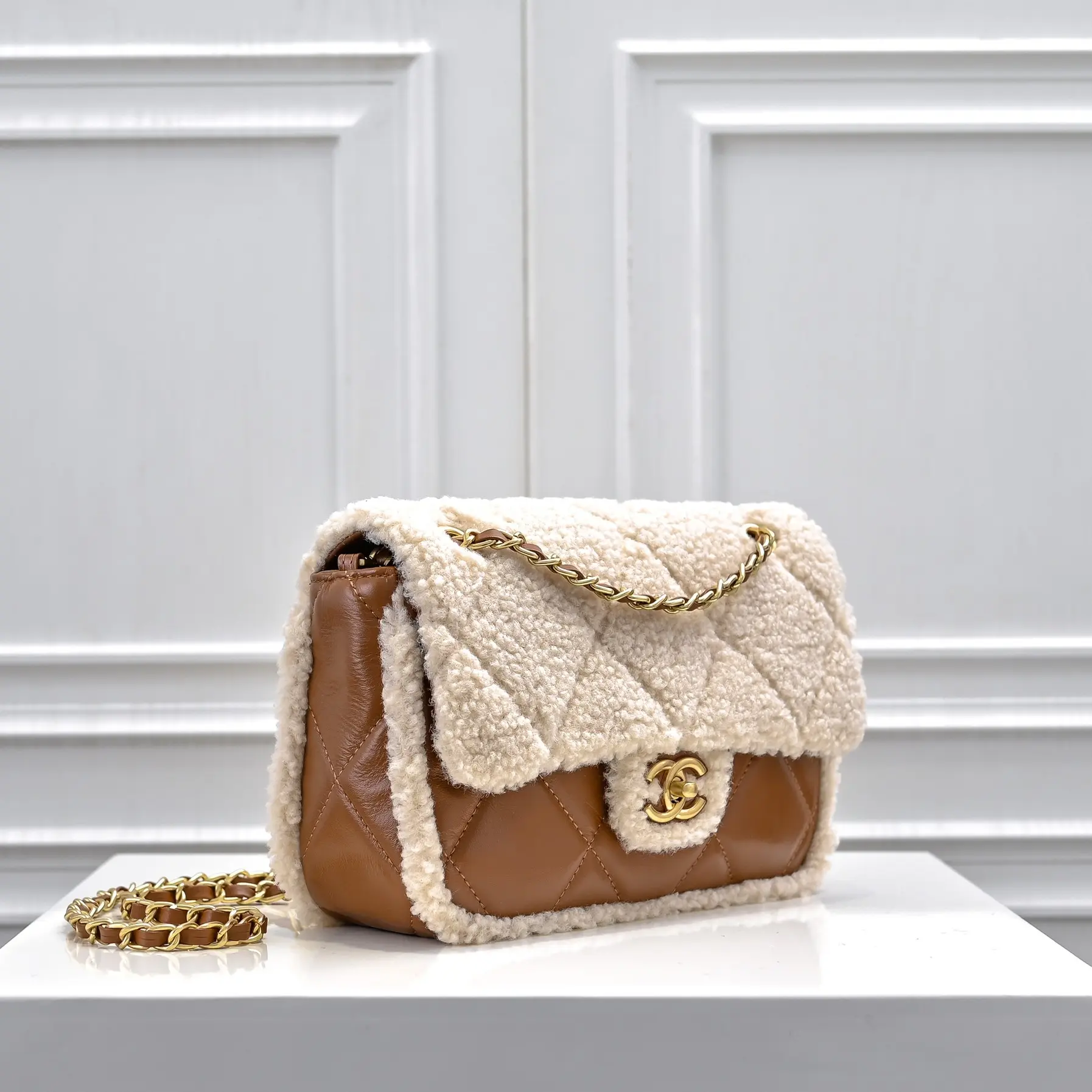 Chanel-mini shearling flap bag brown lambskin brushed gold hardware