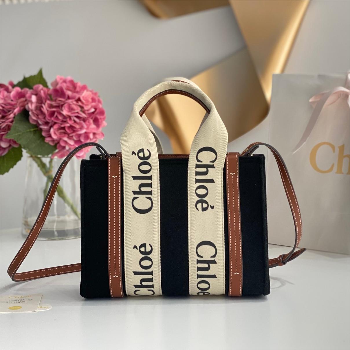 Chloe Woody-Wool Felt Black Tote Bag