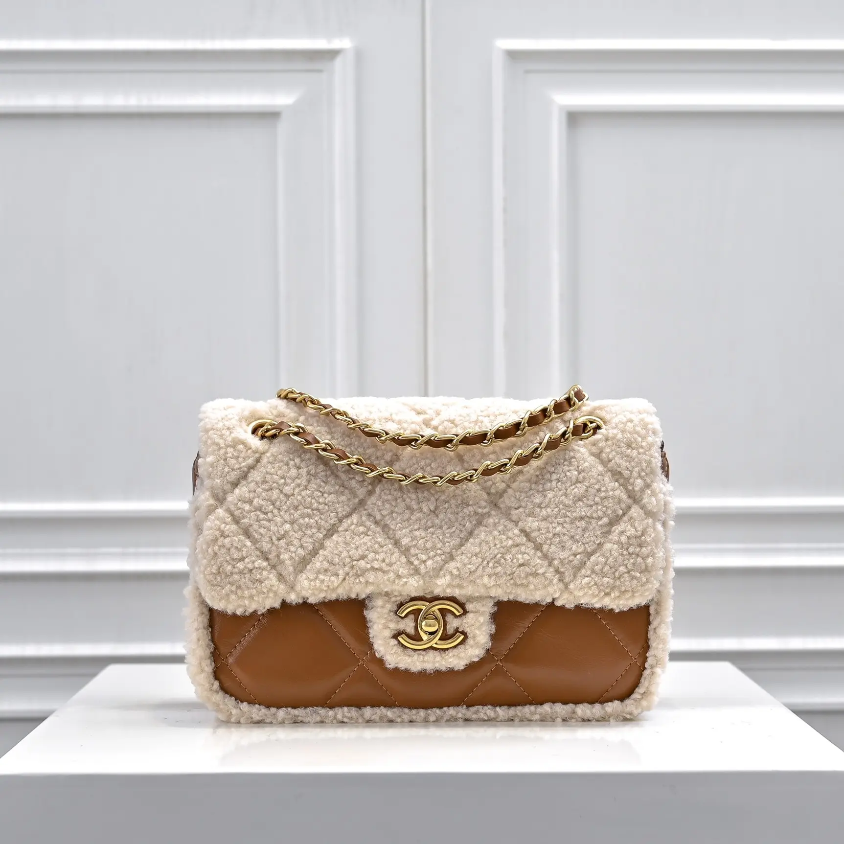 Chanel-mini shearling flap bag brown lambskin brushed gold hardware