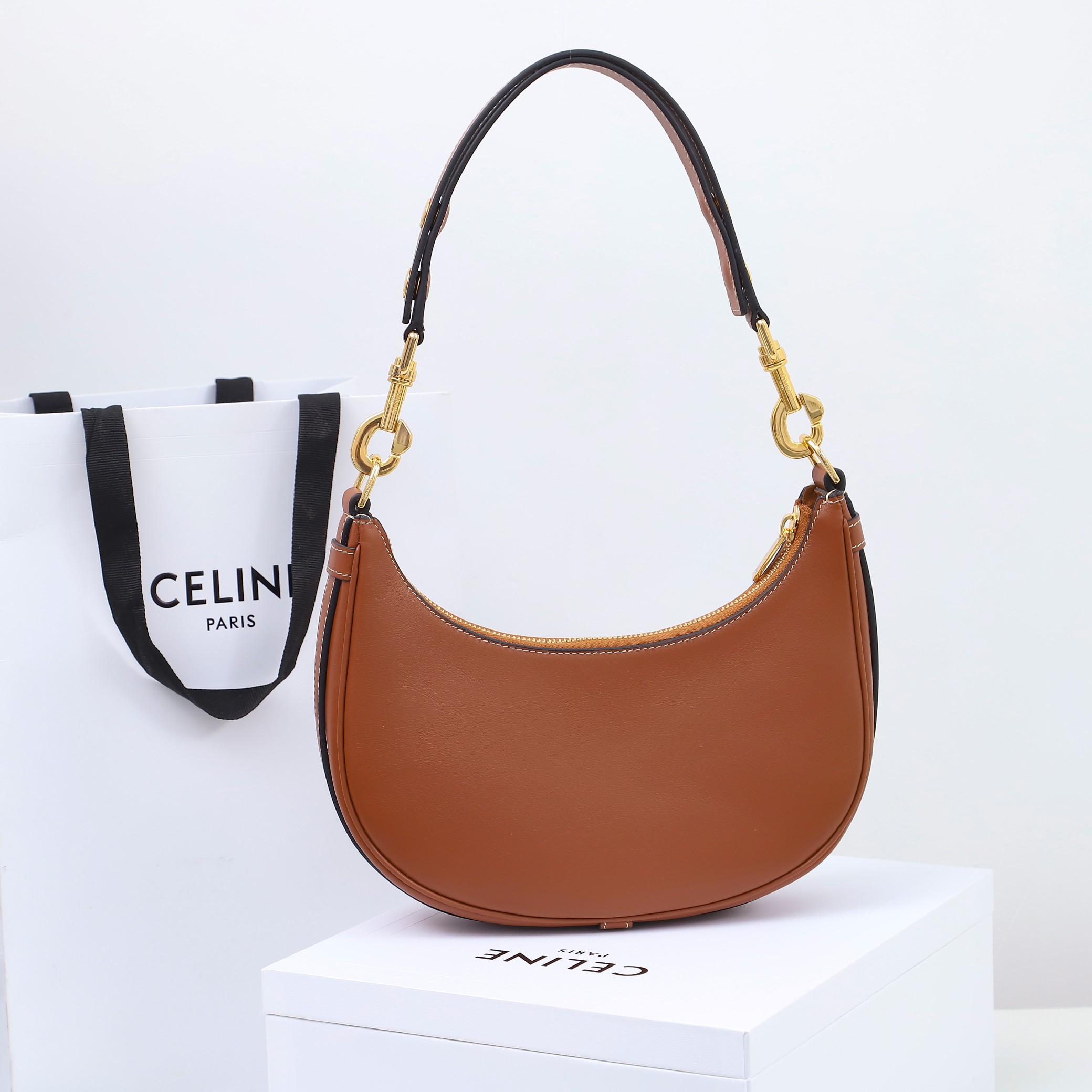 Celine-AVA Medium Smooth Leather Strap Handbag  Yellowish brown