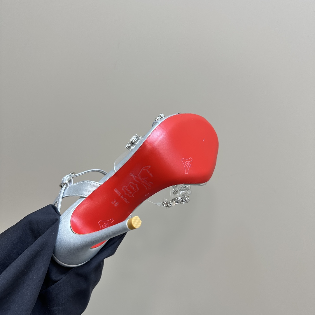 Christian Louboutin-Transparent PVC cross inlaid crystal diamond silver high heels