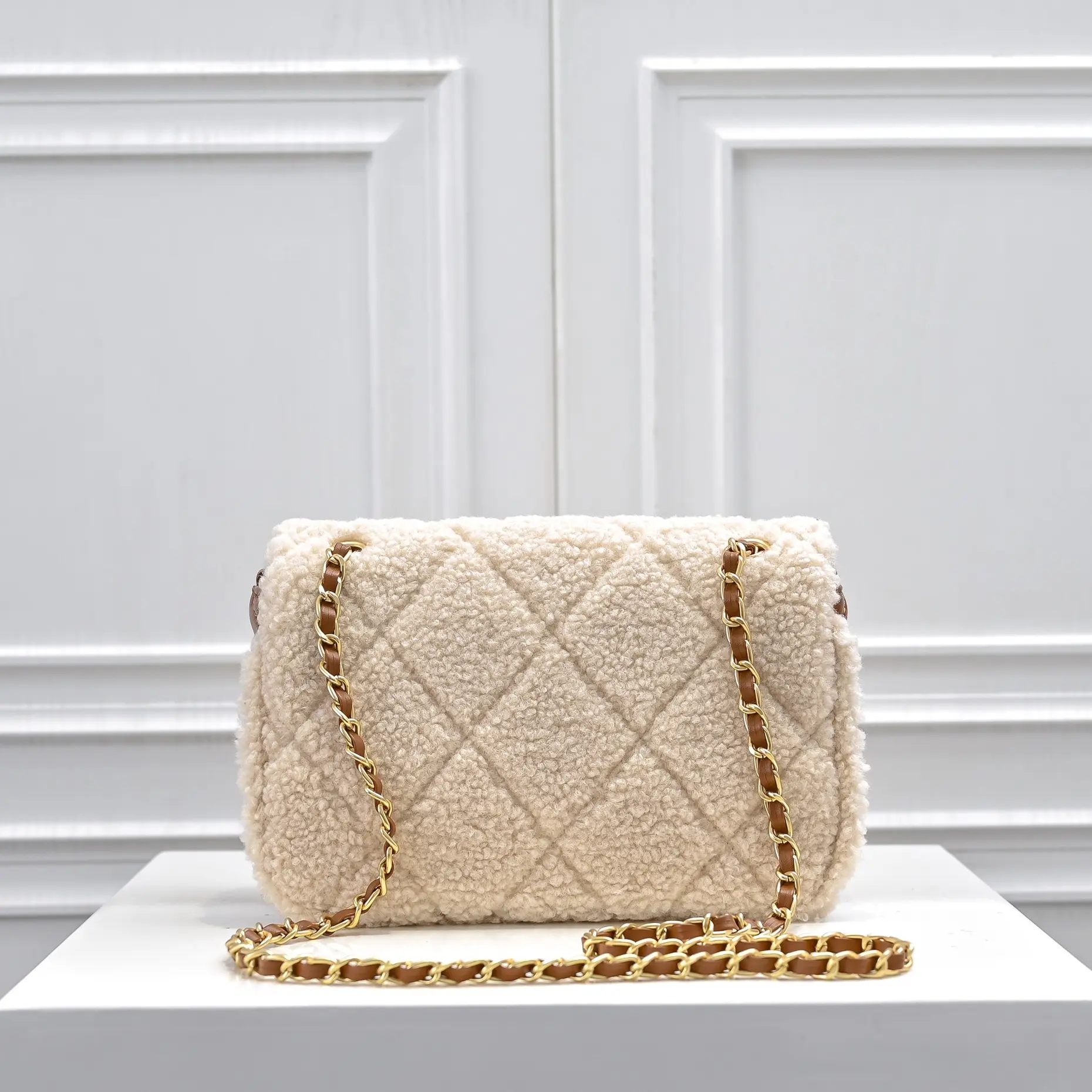 Chanel-mini shearling flap bag brown lambskin brushed gold hardware