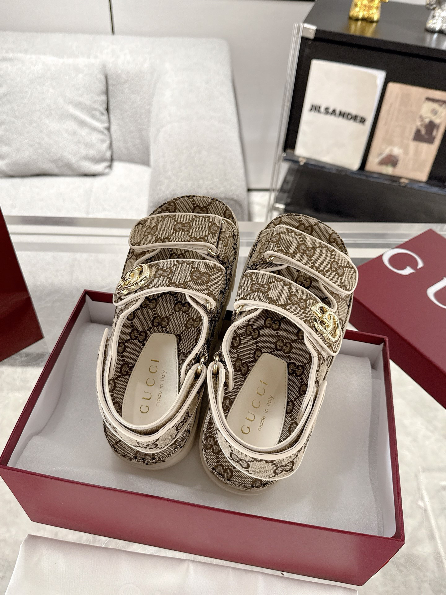 GUCCI - Canvas Round Toe Velcro Sandals Dark Brown