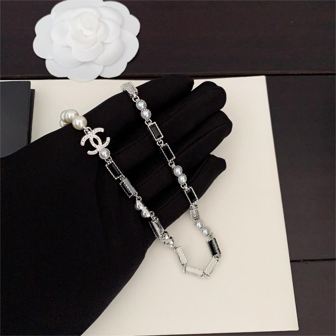 Chanel-Black and white diamond CC long necklace