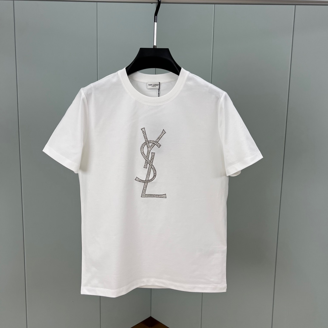 YSL - Crystal Embellished Logo Short Sleeve T-Shirt
