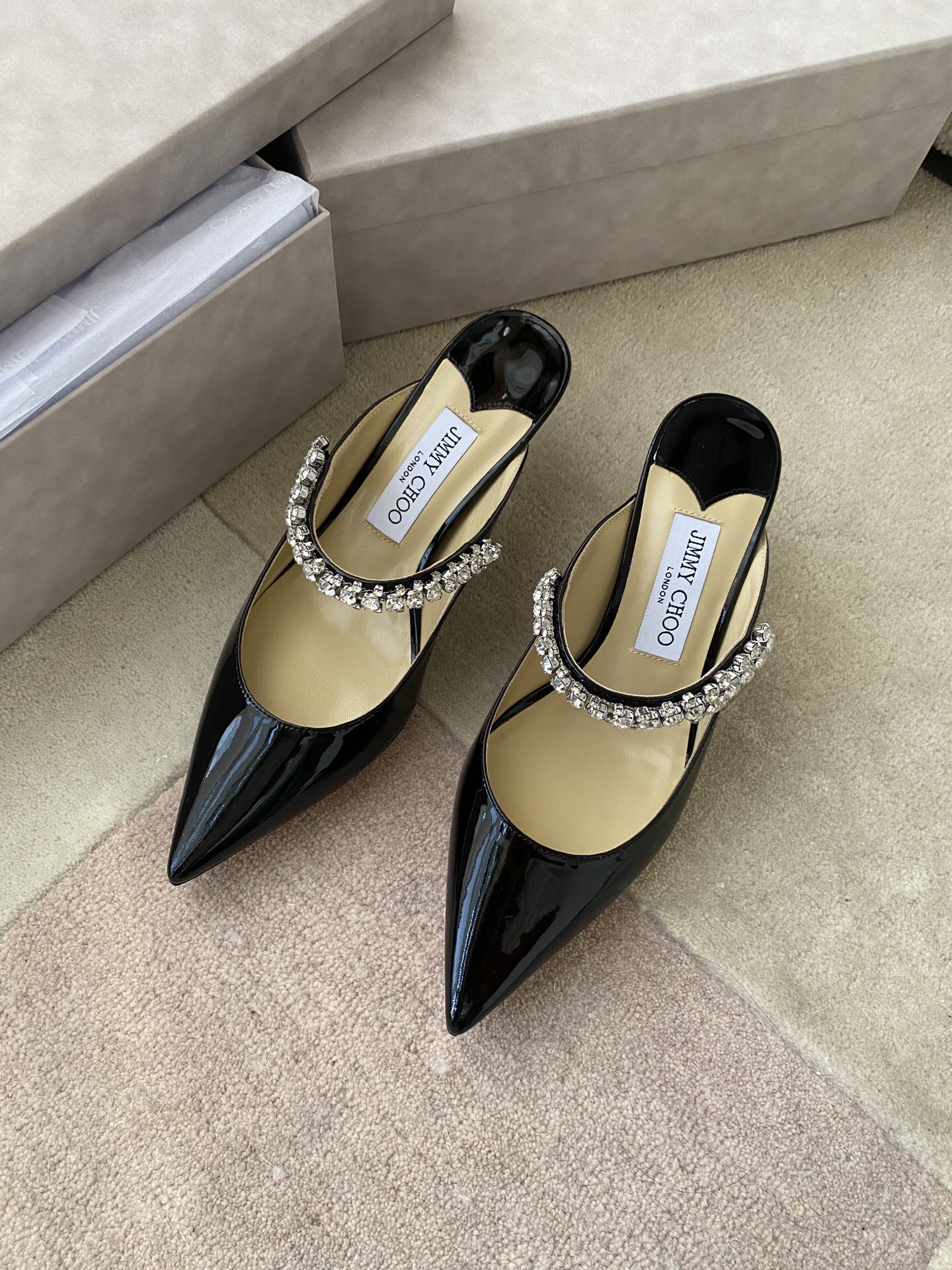 Jimmy Choo - Bing Pointed Toe Slip-On Slippers (6.5cm) for Women (Black)