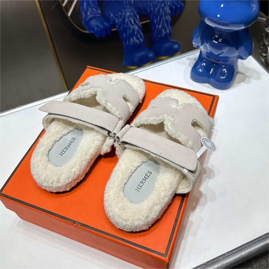 Hermes-Chypre series Velcro  Fur slippers