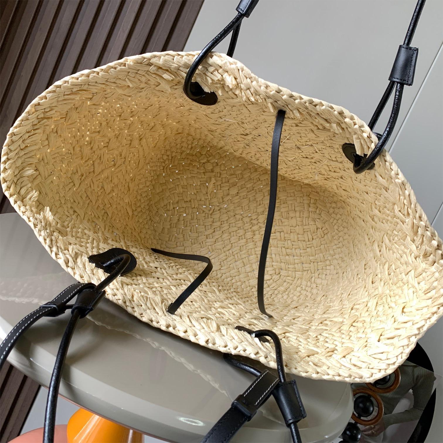 LOEWE-Large size Iraka palm fiber and cowhide Anagram Basket handbag