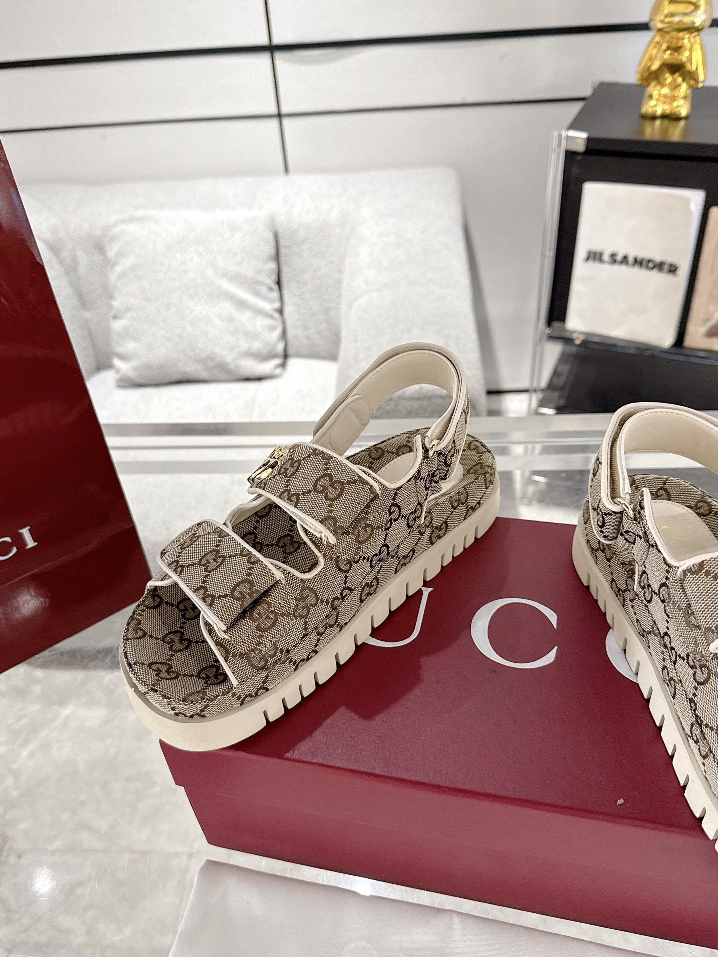 GUCCI - Canvas Round Toe Velcro Sandals Dark Brown