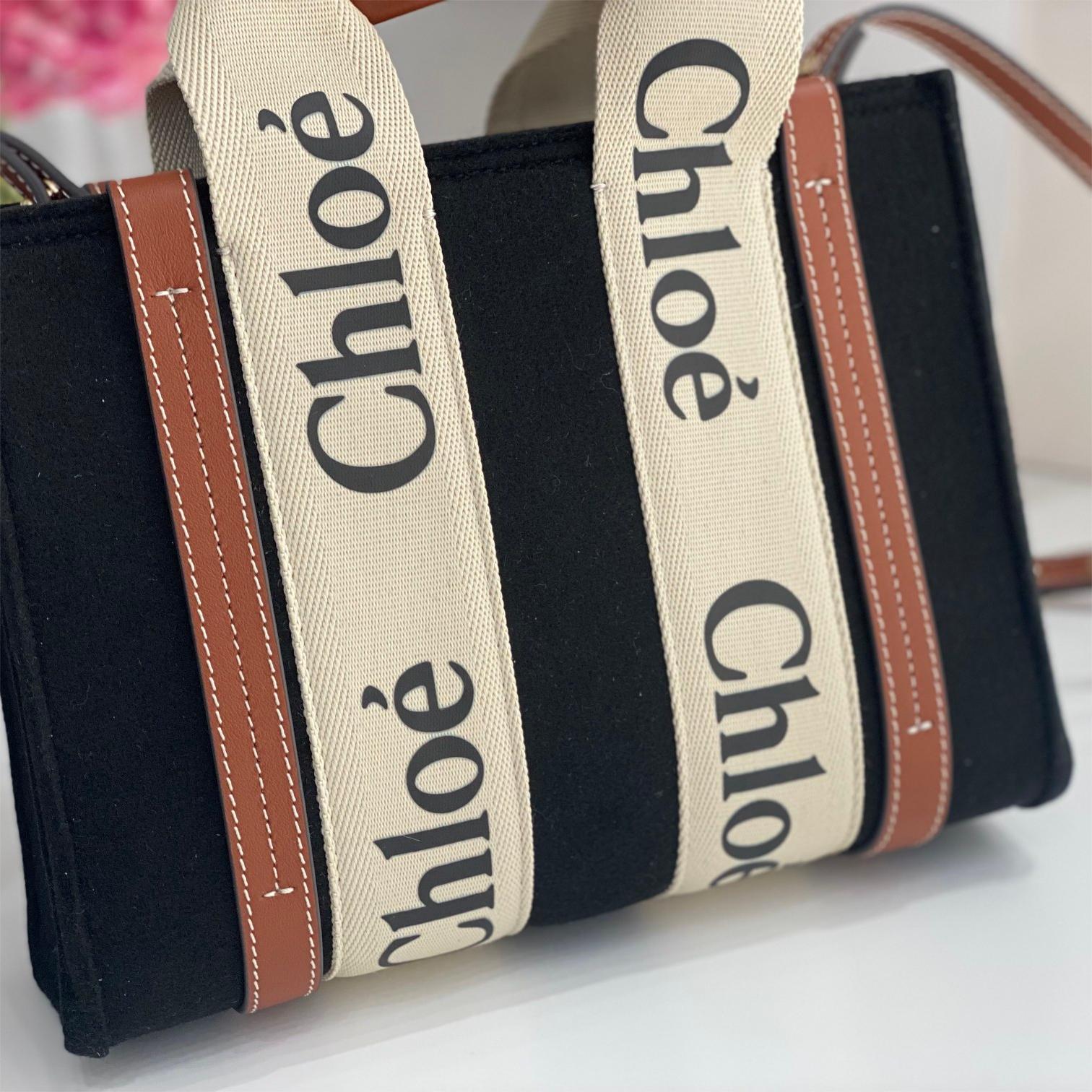 Chloe Woody-Wool Felt Black Tote Bag