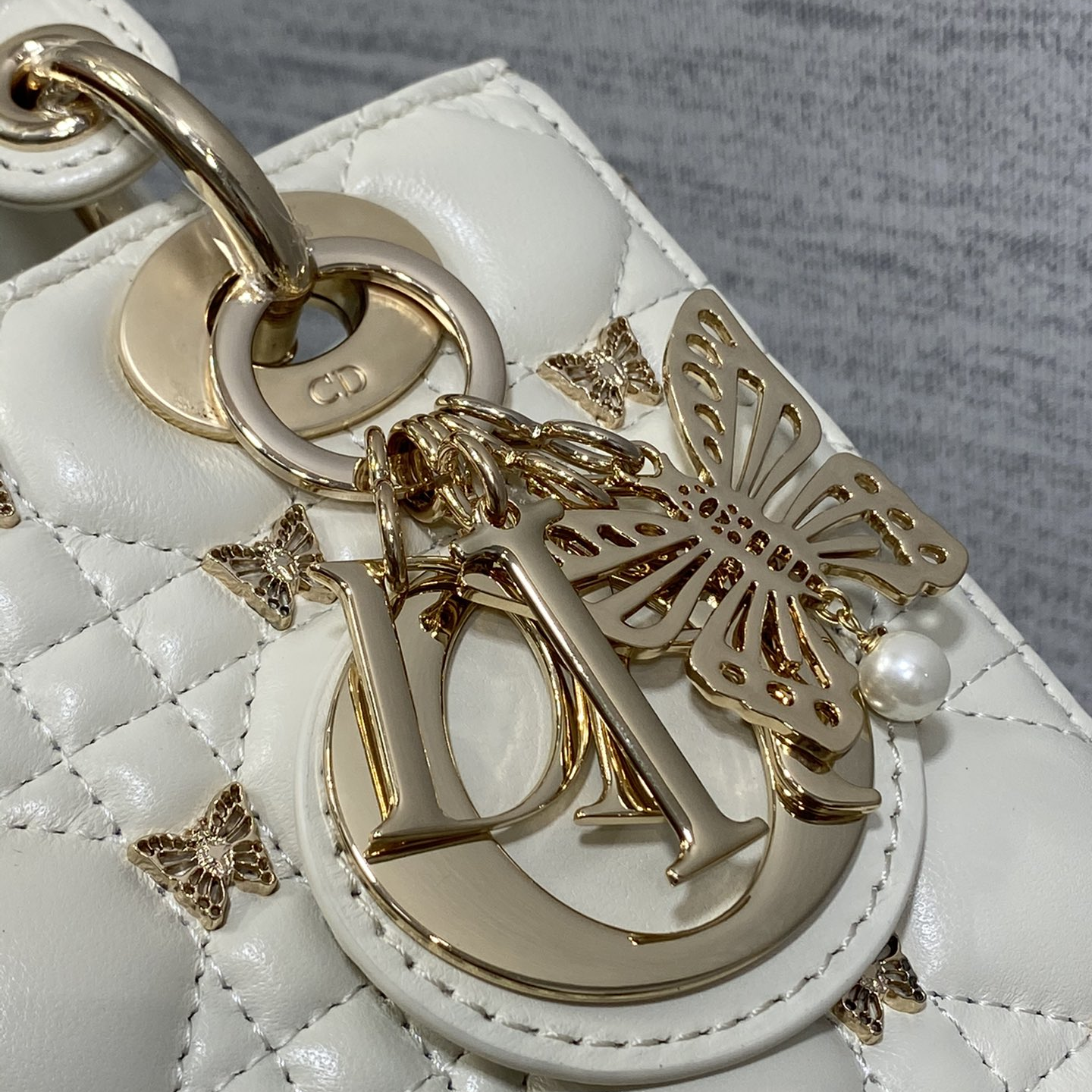 DIOR- Lady Dior Small White Lambskin Shoulder Bag