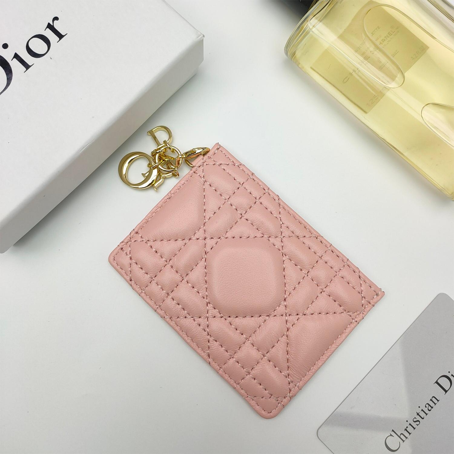 Dior-Lady's five grid card clip sheepskin with rattan grid pattern leather