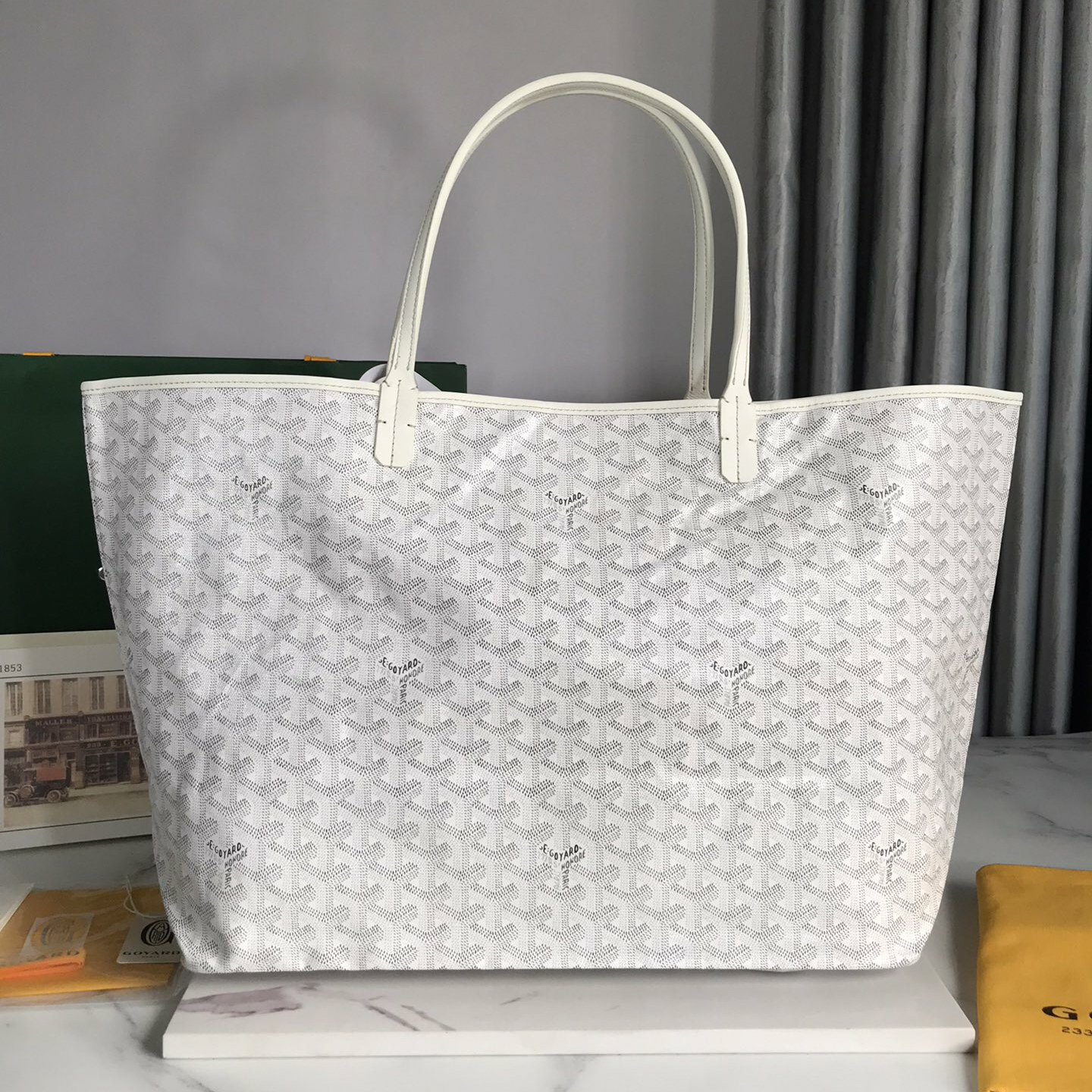 GOYARD- Saint Louis Medium White Canvas Calfskin Tote Bag Shopping Bag Handbag
