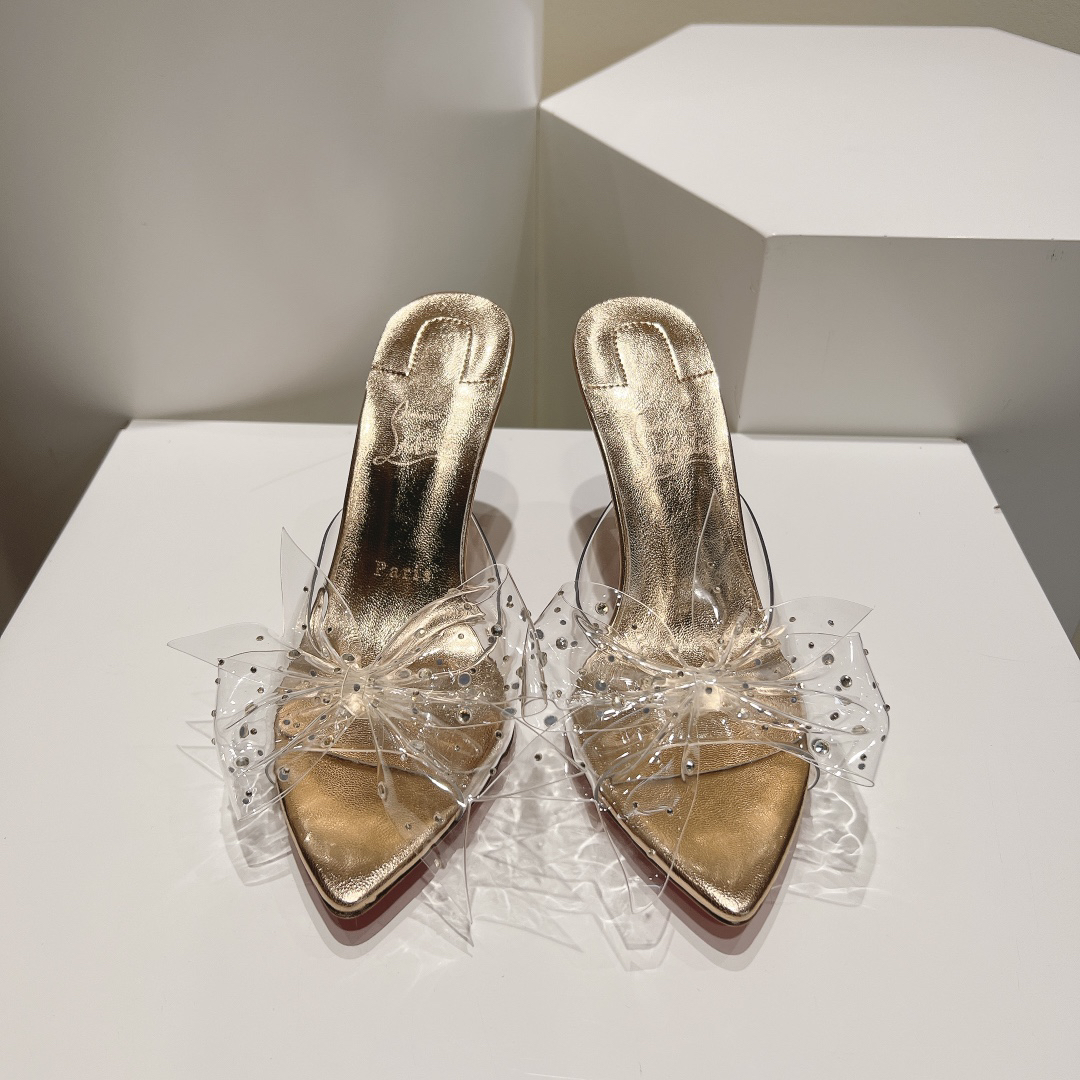 Christian Louboutin-Champagne gold transparent bow high-heeled sandals