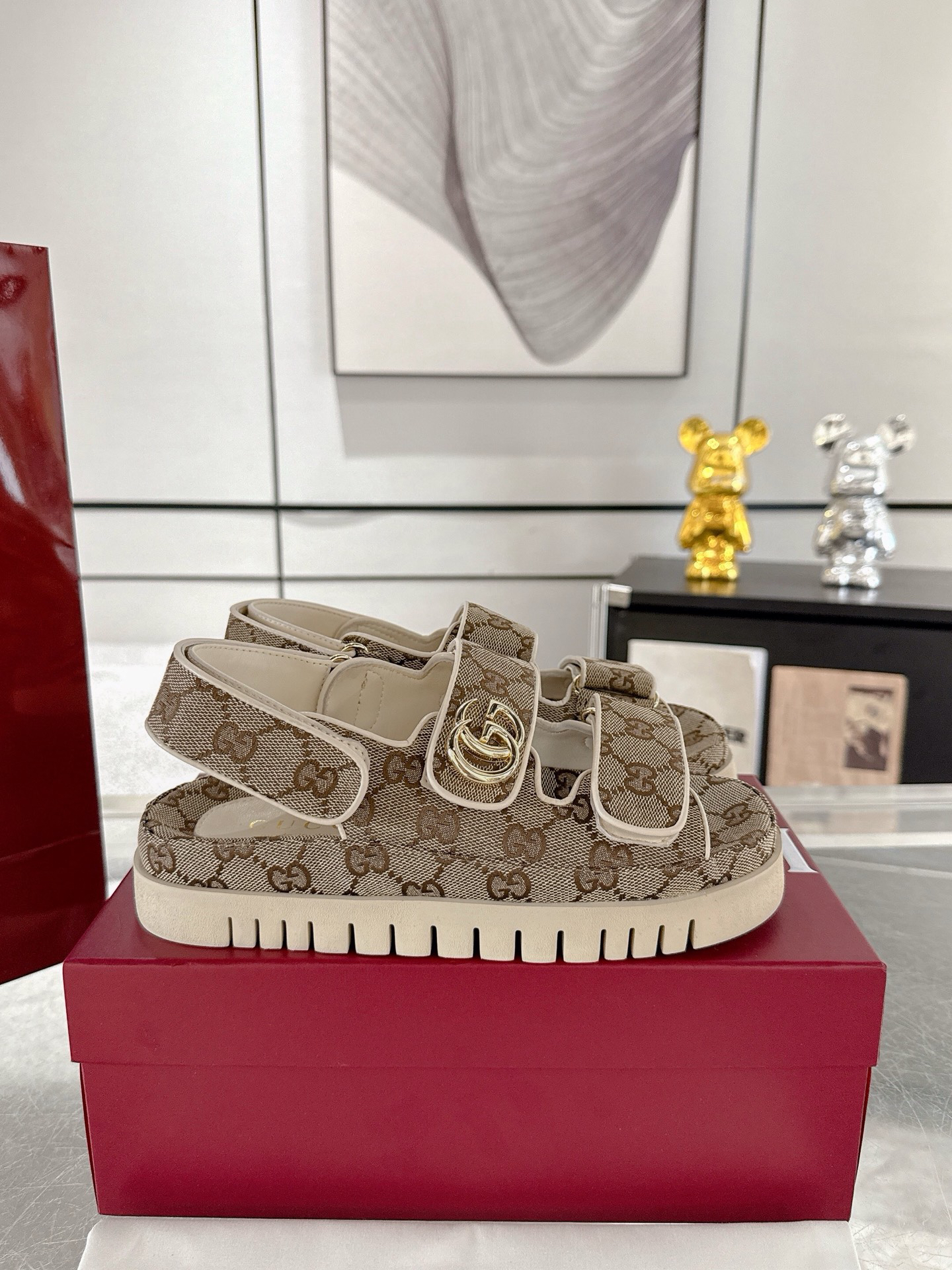 GUCCI - Canvas Round Toe Velcro Sandals Dark Brown