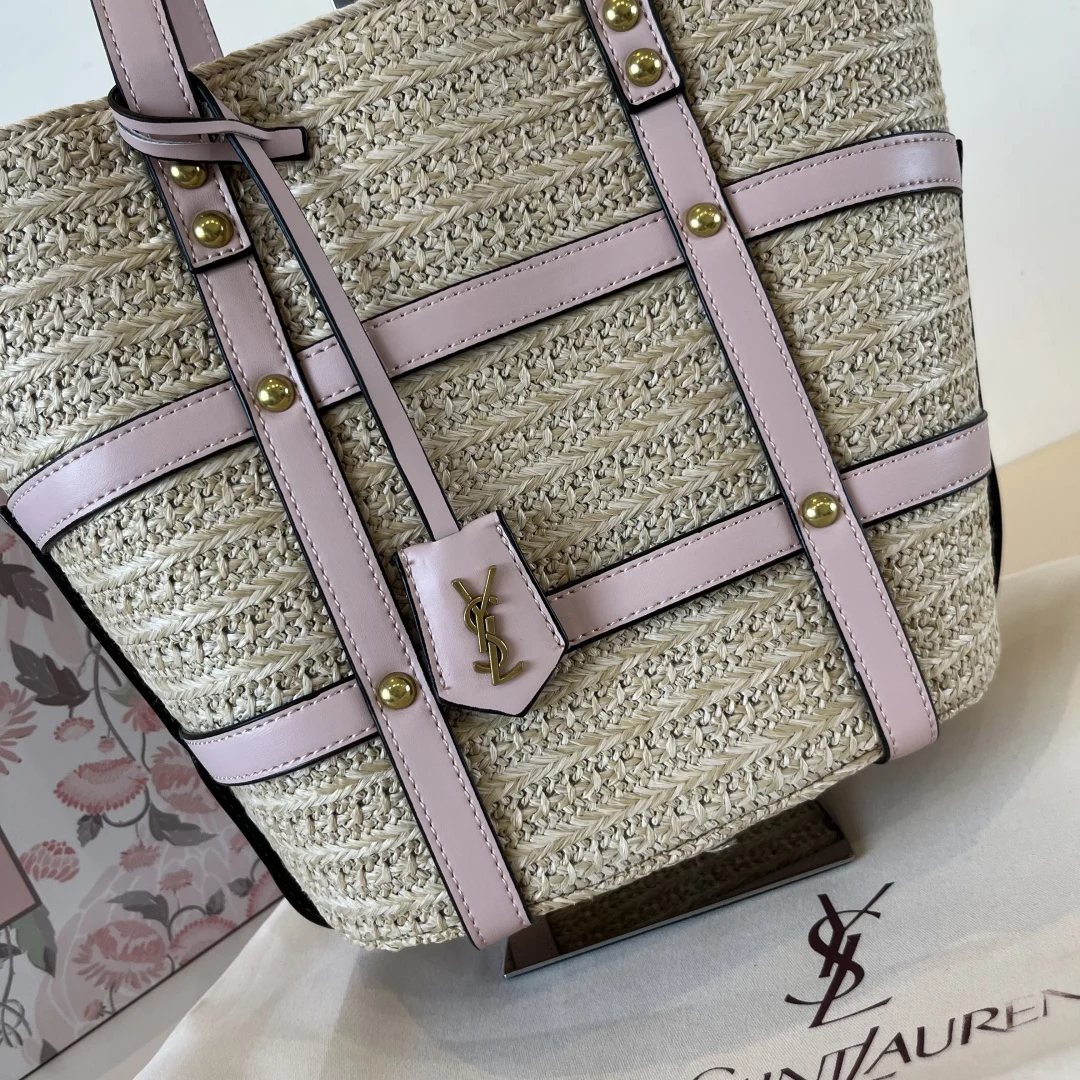YSL-Panier medium bag in natural raffia and smooth leather