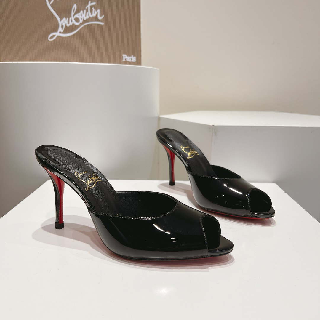 Christian Louboutin-Classic patent leather fish mouth black high-heeled slippers