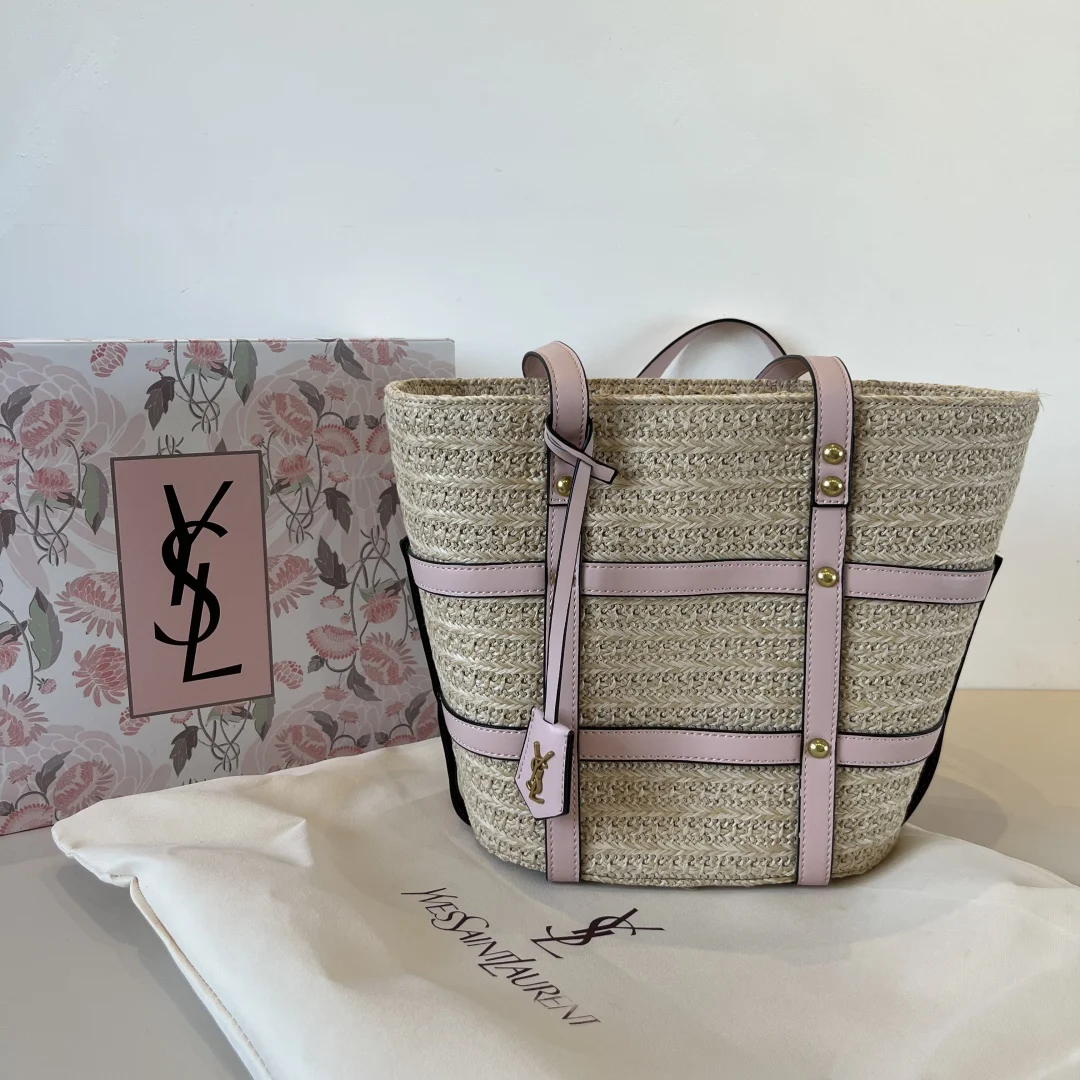 YSL-Panier medium bag in natural raffia and smooth leather