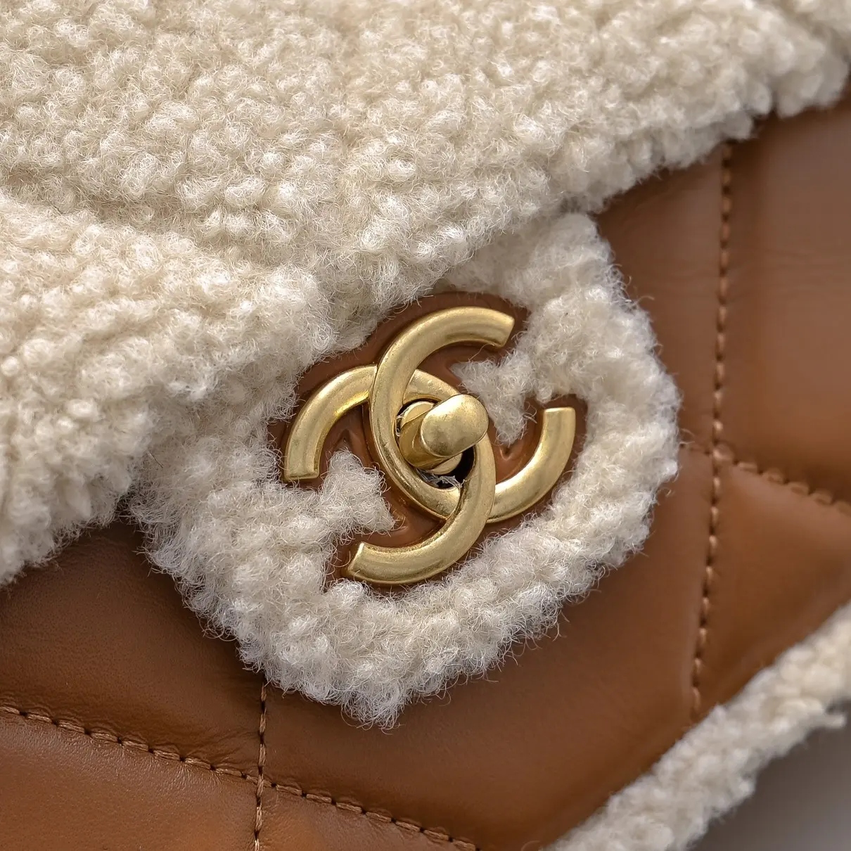 Chanel-mini shearling flap bag brown lambskin brushed gold hardware