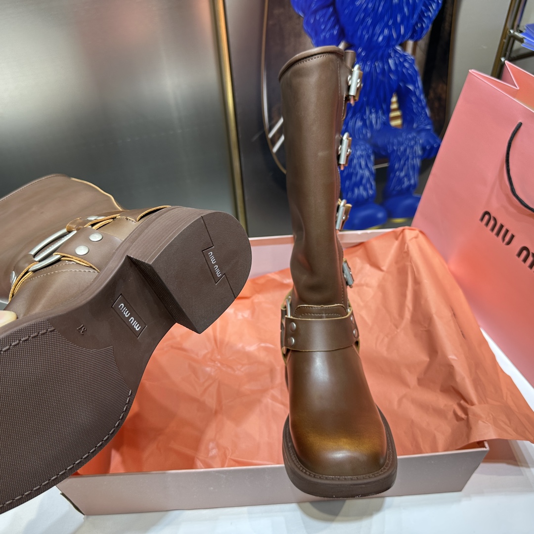 MIU MIU-Retro style belt buckle square toe thick heel boots