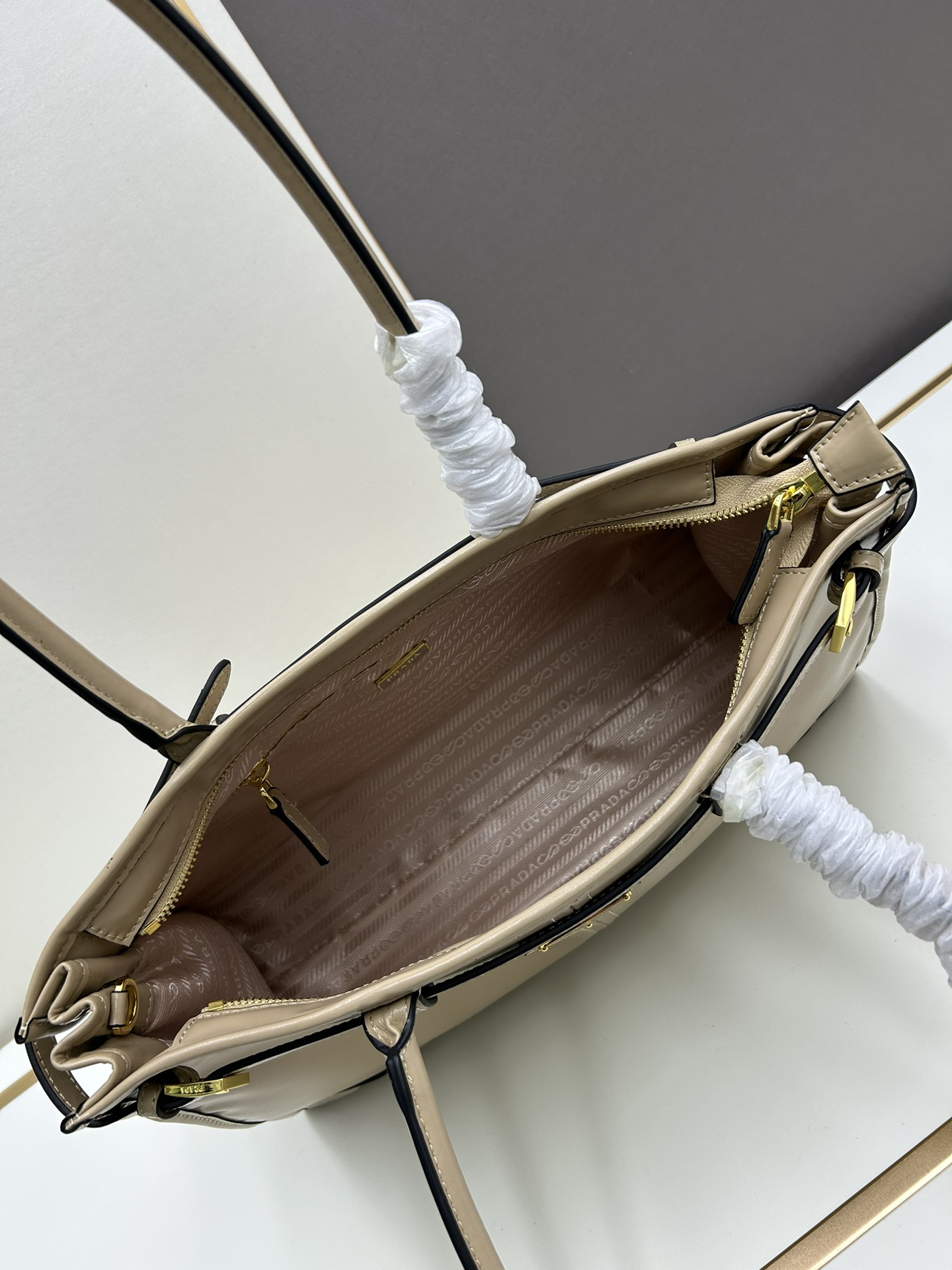 PRADA - Soft Lux Soft Leather Shoulder Crossbody Handbag Stone Grey