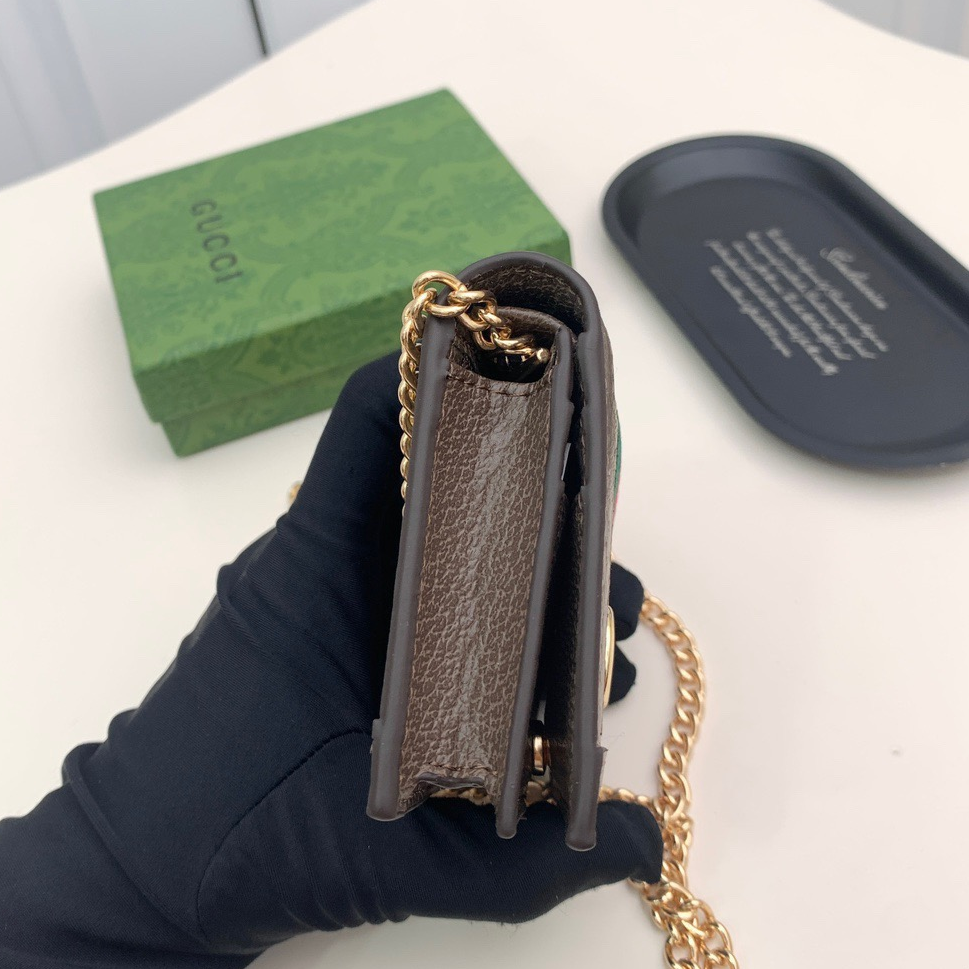 GUCCI - Ophidia Brown Leather Card Holder Shoulder Crossbody Bag