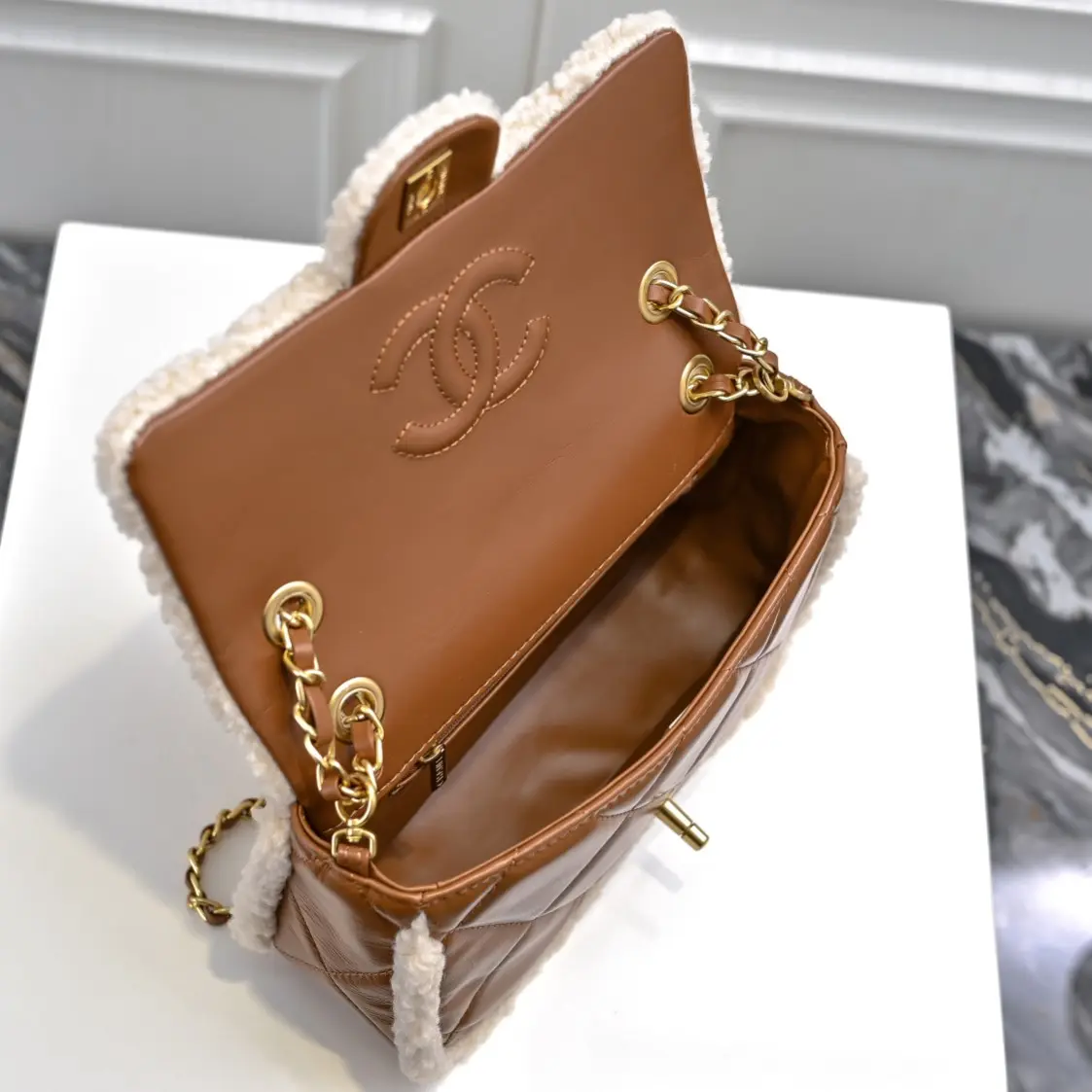 Chanel-mini shearling flap bag brown lambskin brushed gold hardware