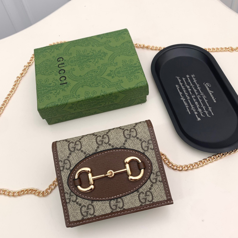 GUCCI - Horsebit 1955 Vintage Gold Buckle Monogram Canvas and Leather Chain Wallet