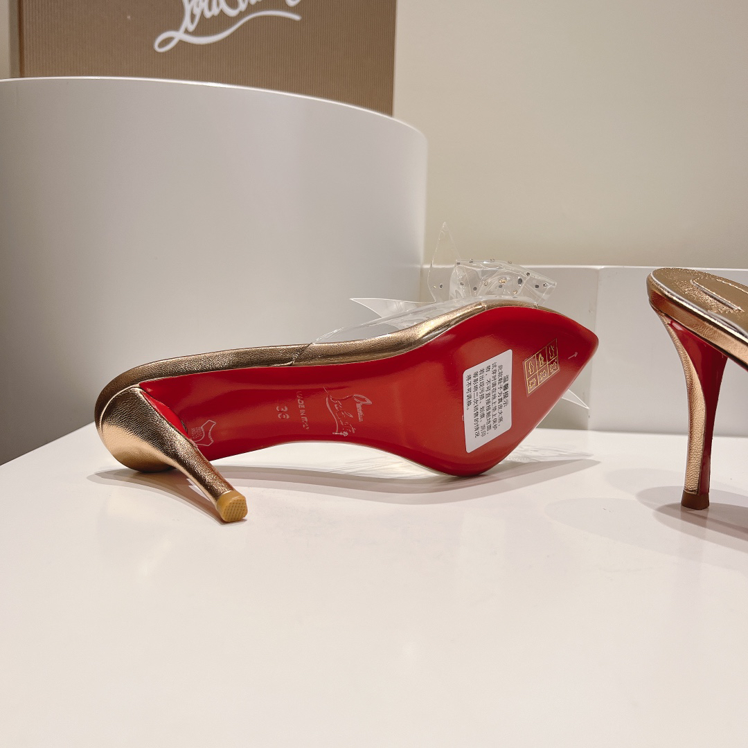 Christian Louboutin-Champagne gold transparent bow high-heeled sandals