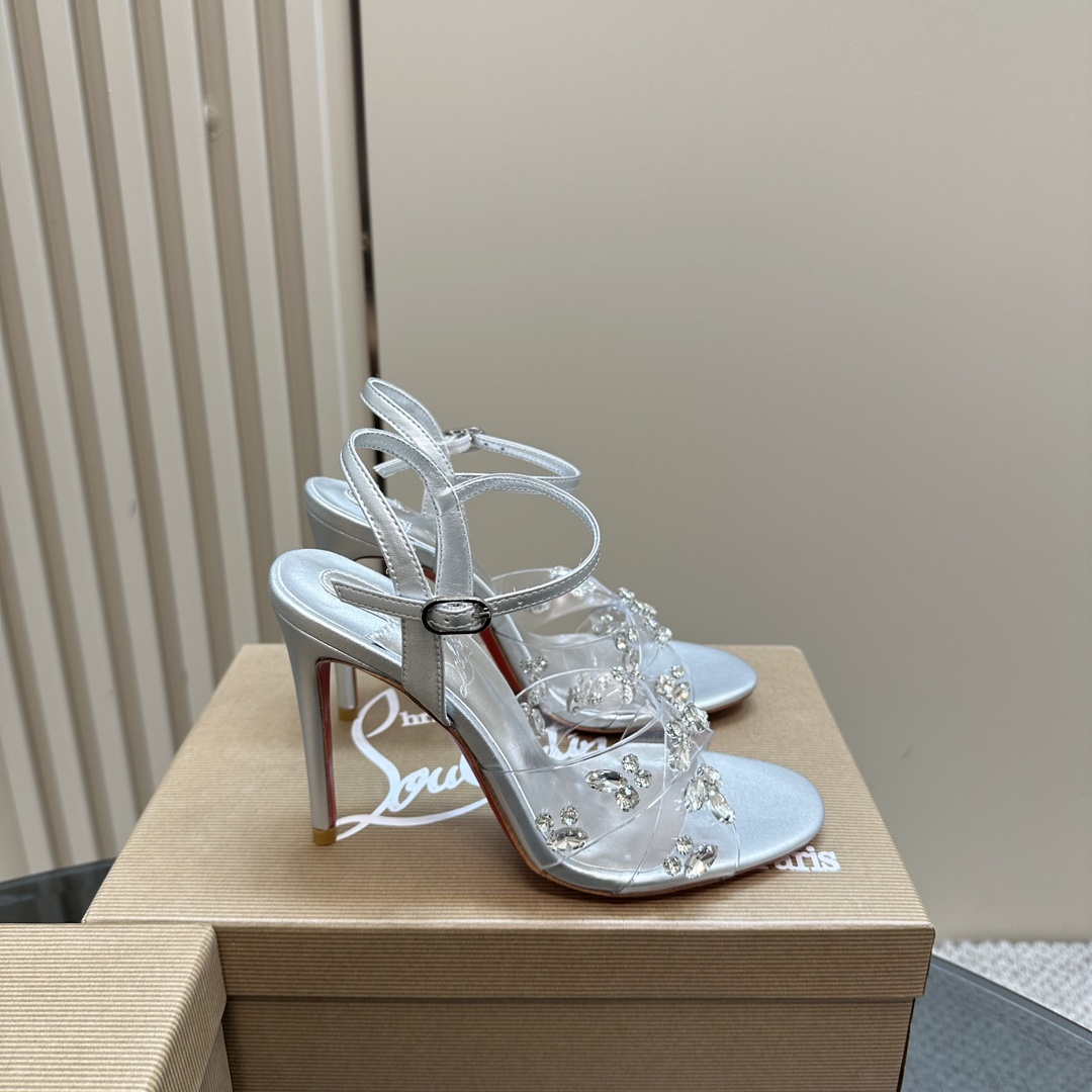 Christian Louboutin-Transparent PVC cross inlaid crystal diamond silver high heels