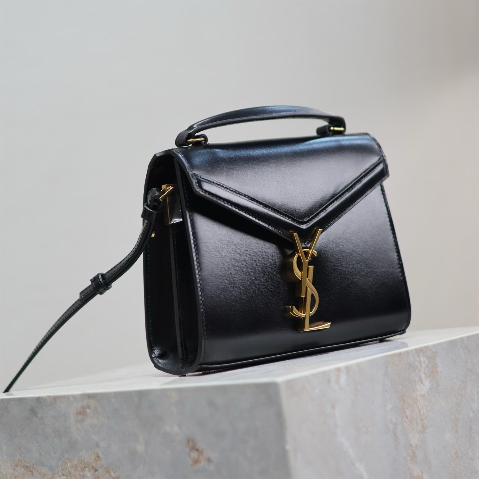 YSL-Black gold buckle toothpick pattern cassandra mini handbag
