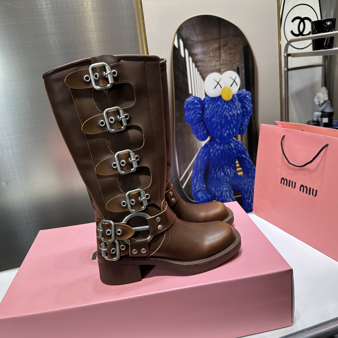 MIU MIU-Retro style belt buckle square toe thick heel boots
