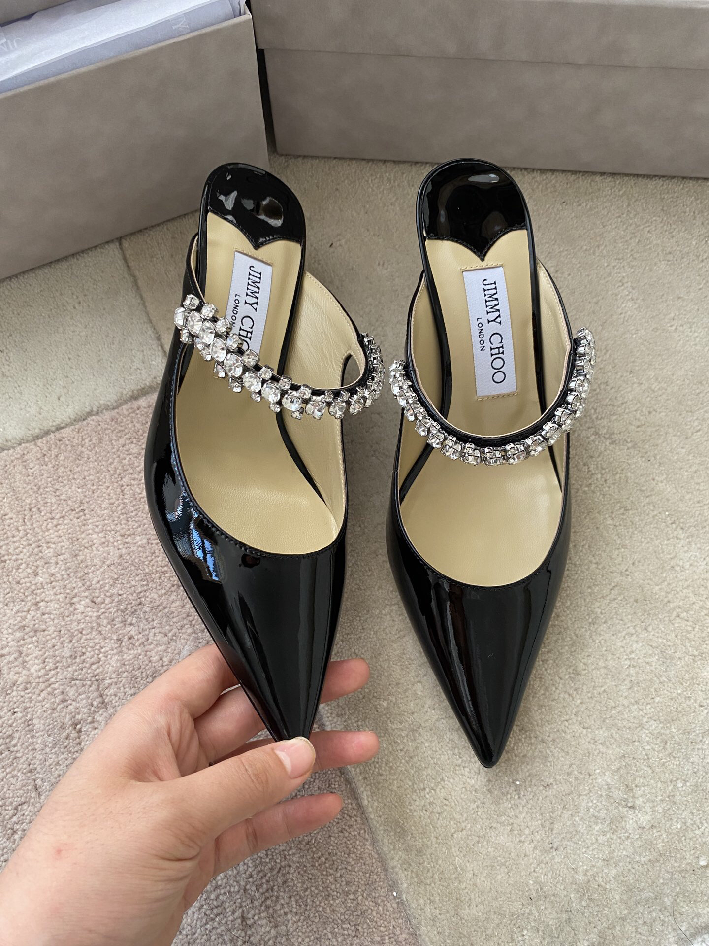 Jimmy Choo - Bing Pointed Toe Slip-On Slippers (6.5cm) for Women (Black)