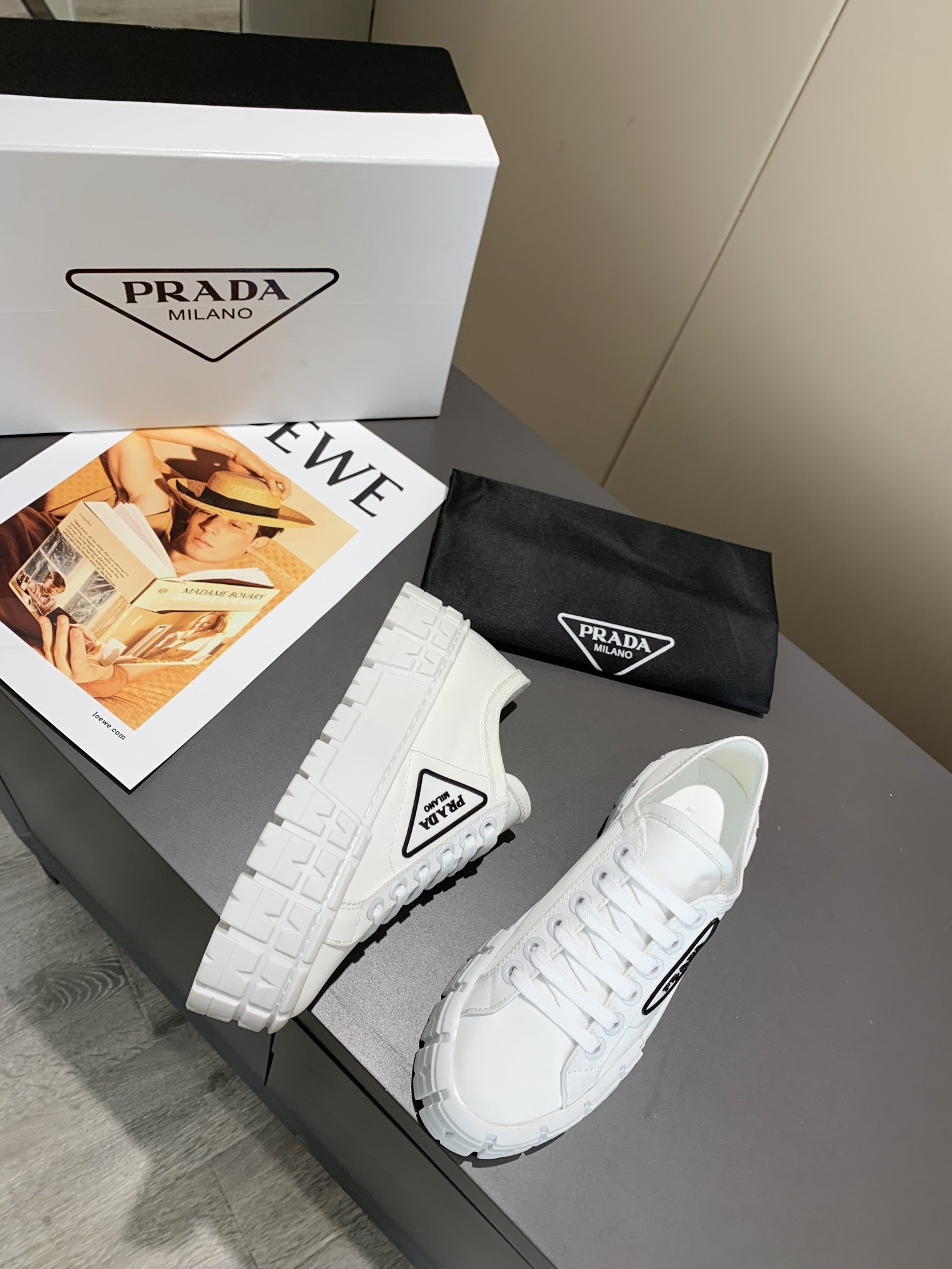 PRADA - Wheel Double Low White Sneakers for Women