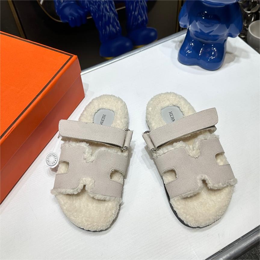 Hermes-Chypre series Velcro  Fur slippers