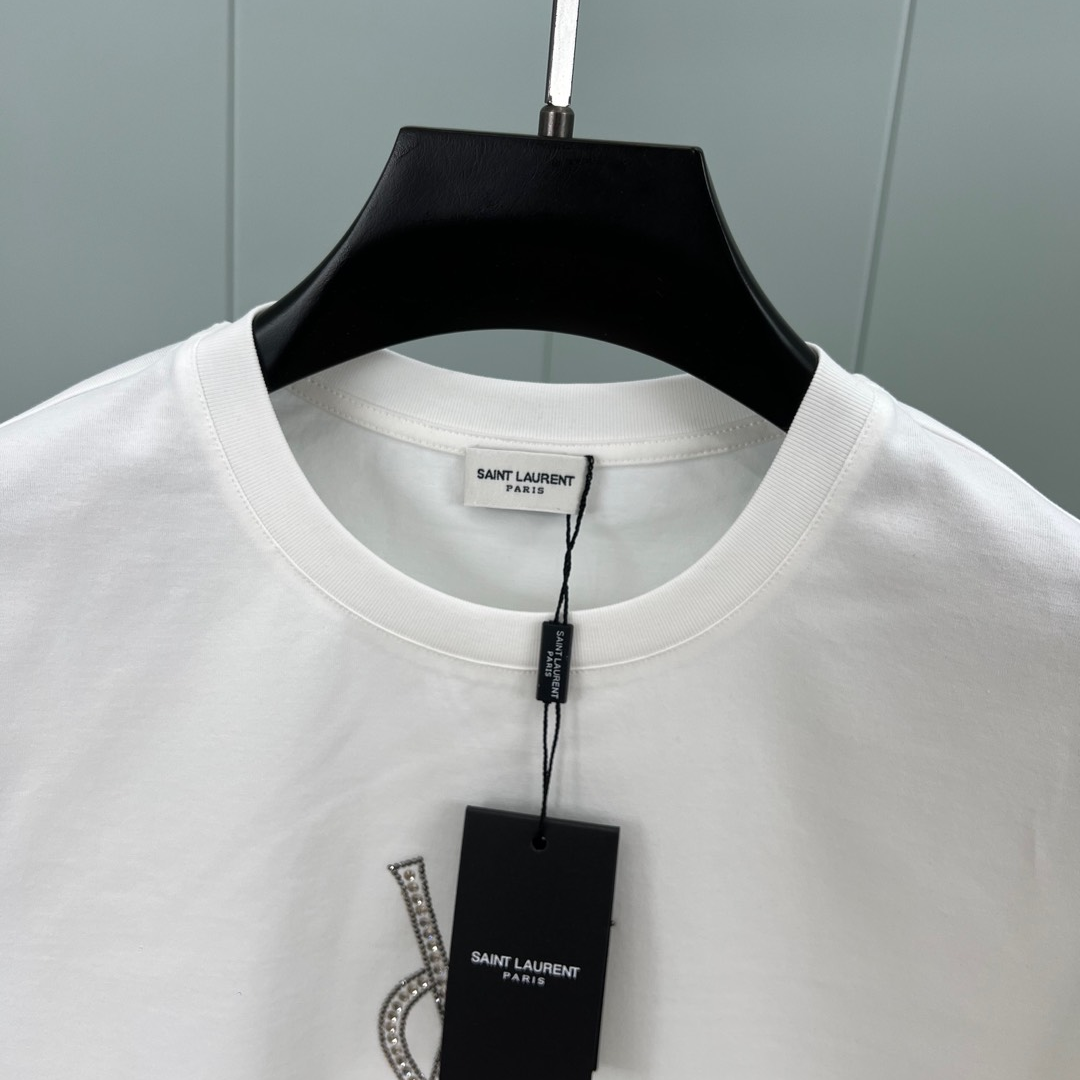YSL - Crystal Embellished Logo Short Sleeve T-Shirt